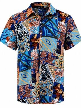 ROMWE Men's Colorful Patchwork Button Down Shirt